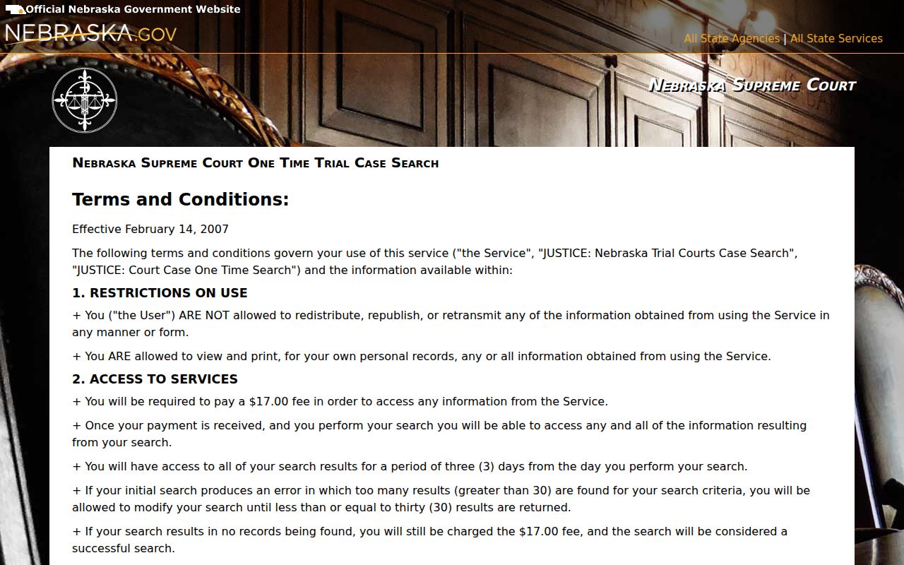 Cuming County case lookup JUSTICE terms and access conditions