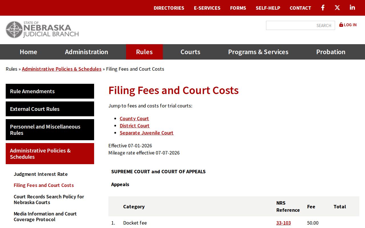 Cuming County civil docket certified copy fee schedule