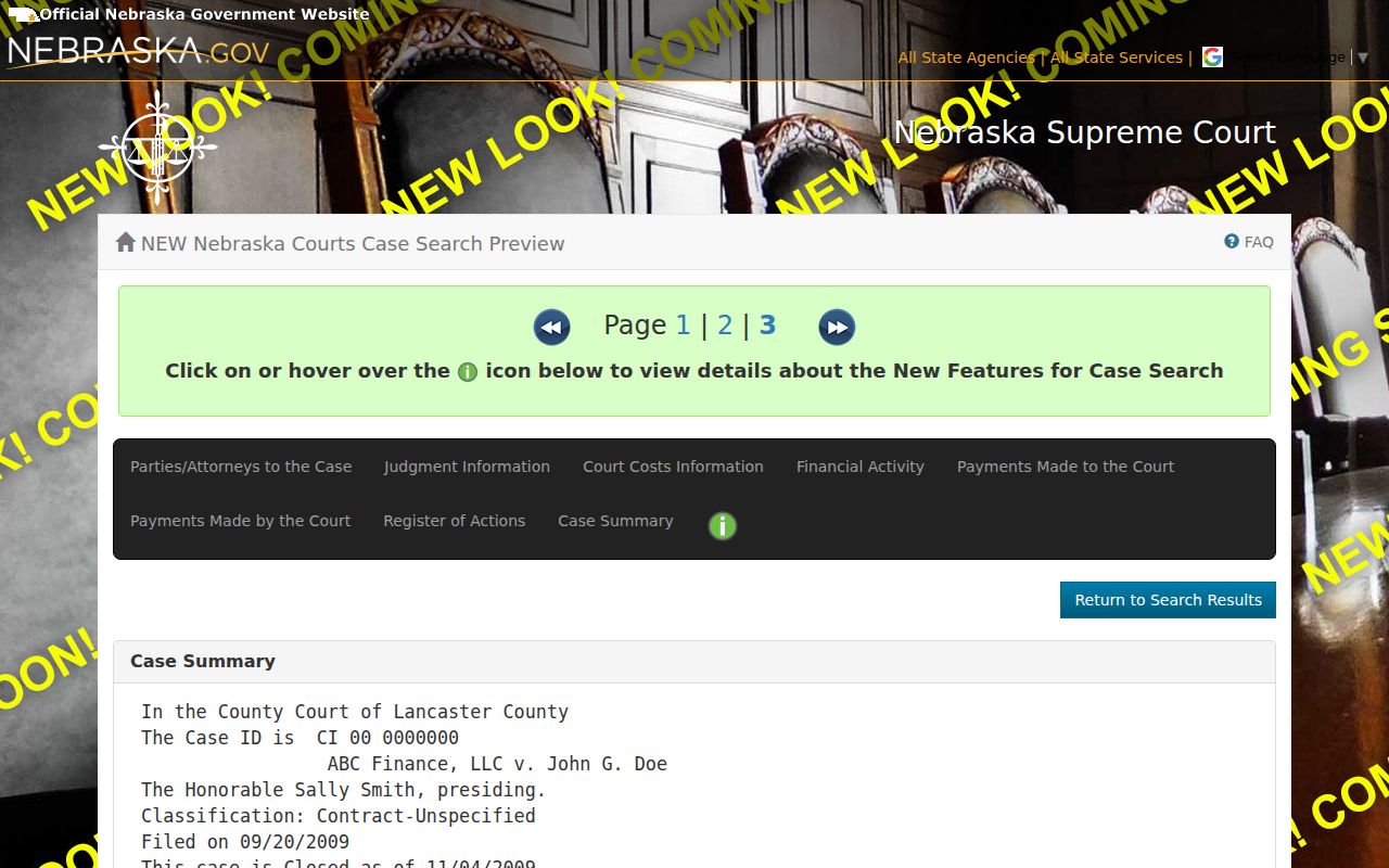 Cuming County civil docket sample Register of Actions and judgment fields