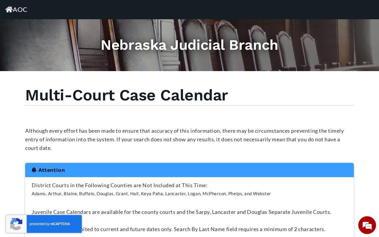 Cuming County court calendar search controls