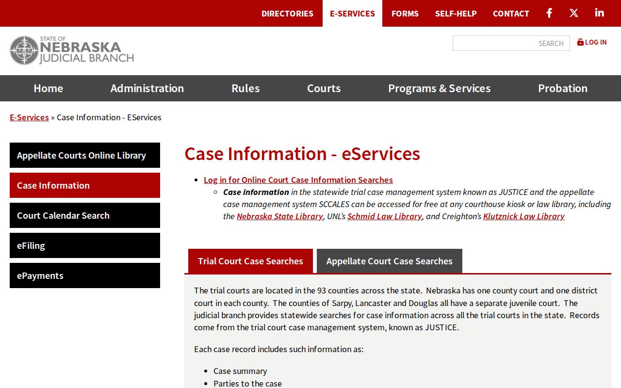 Cuming County court docket access through Nebraska JUSTICE case information