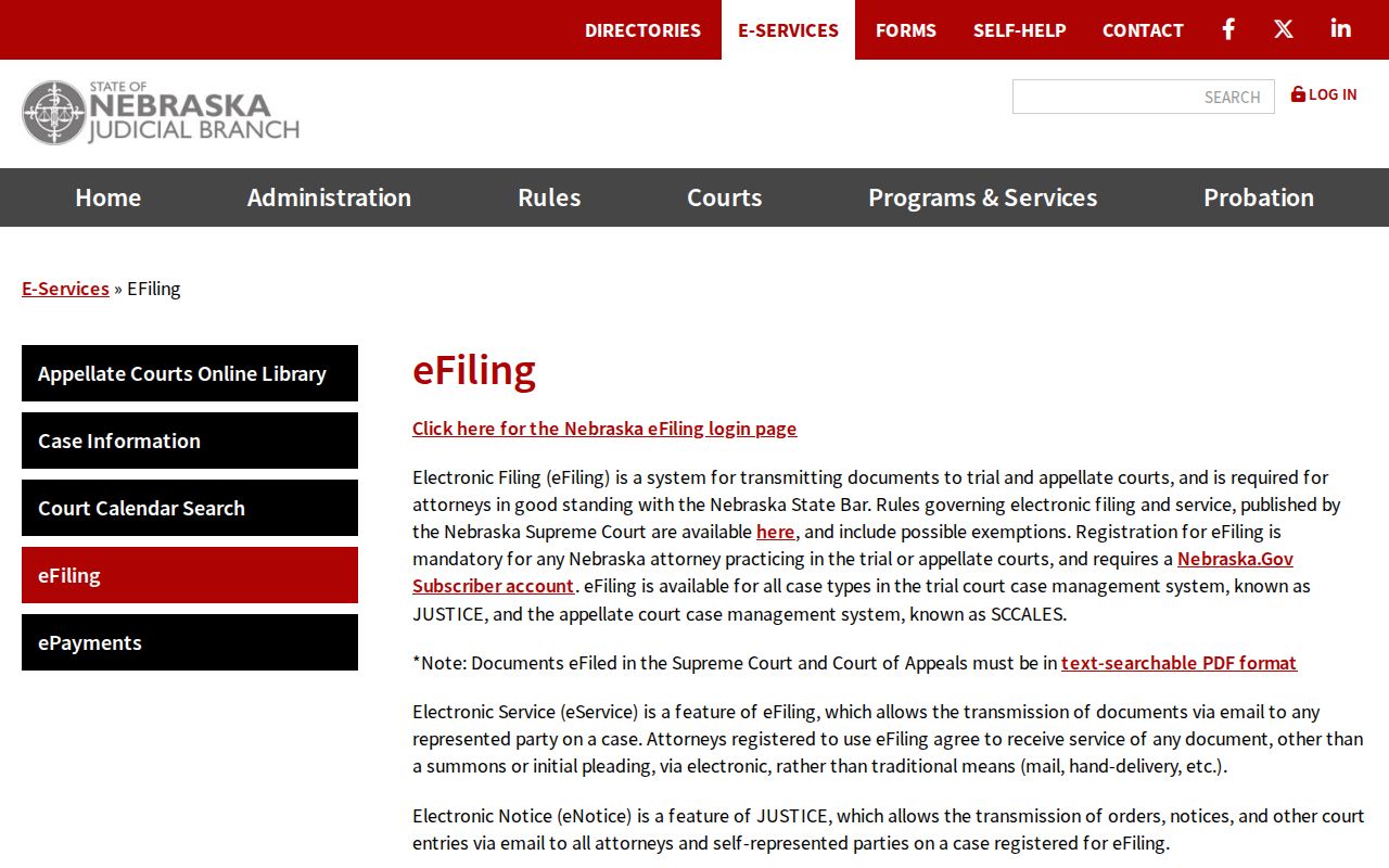 West Point court docket Nebraska eFiling service screen