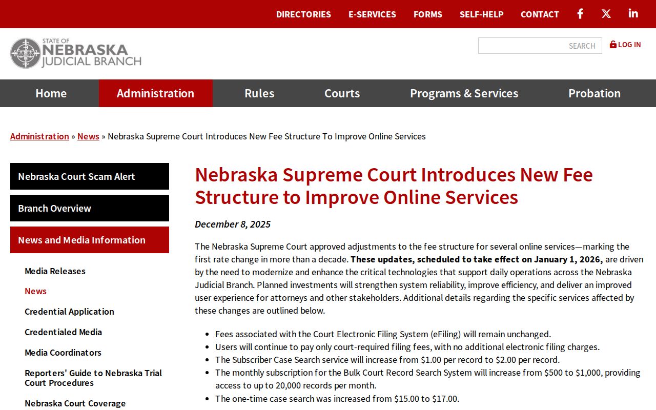 Wisner court docket Nebraska 2026 online search fee announcement